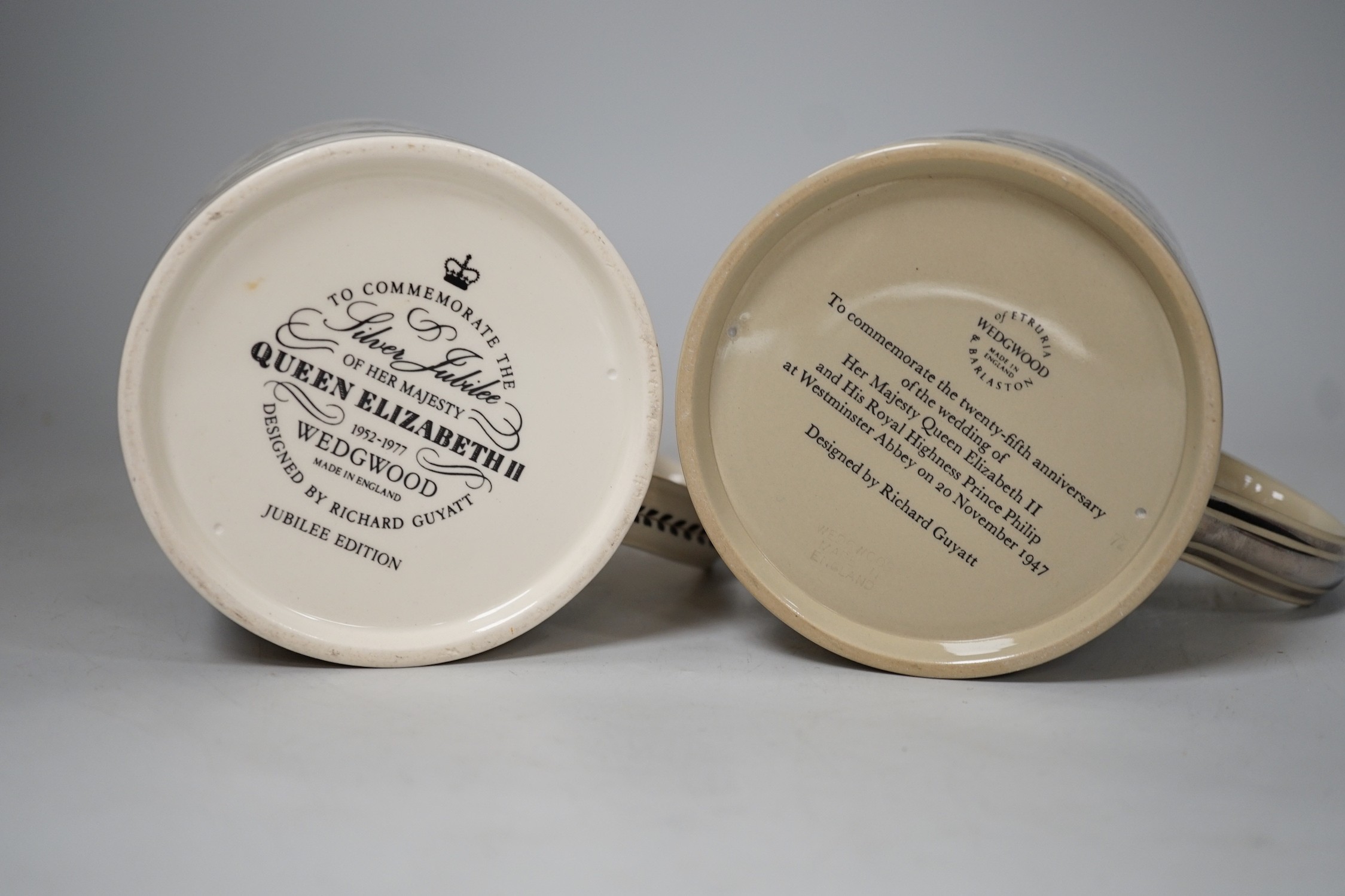 Richard Guyatt for Wedgwood. Two Royal commemorative mugs. Tallest 10.5cm